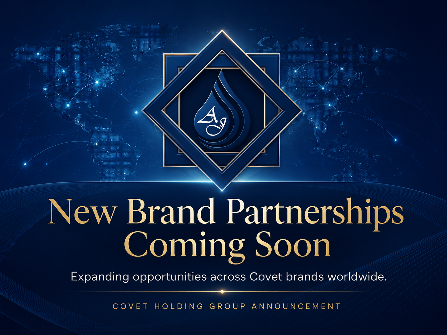 Covet Holding Group announcement artwork for new brand partnerships coming soon across a connected global network.