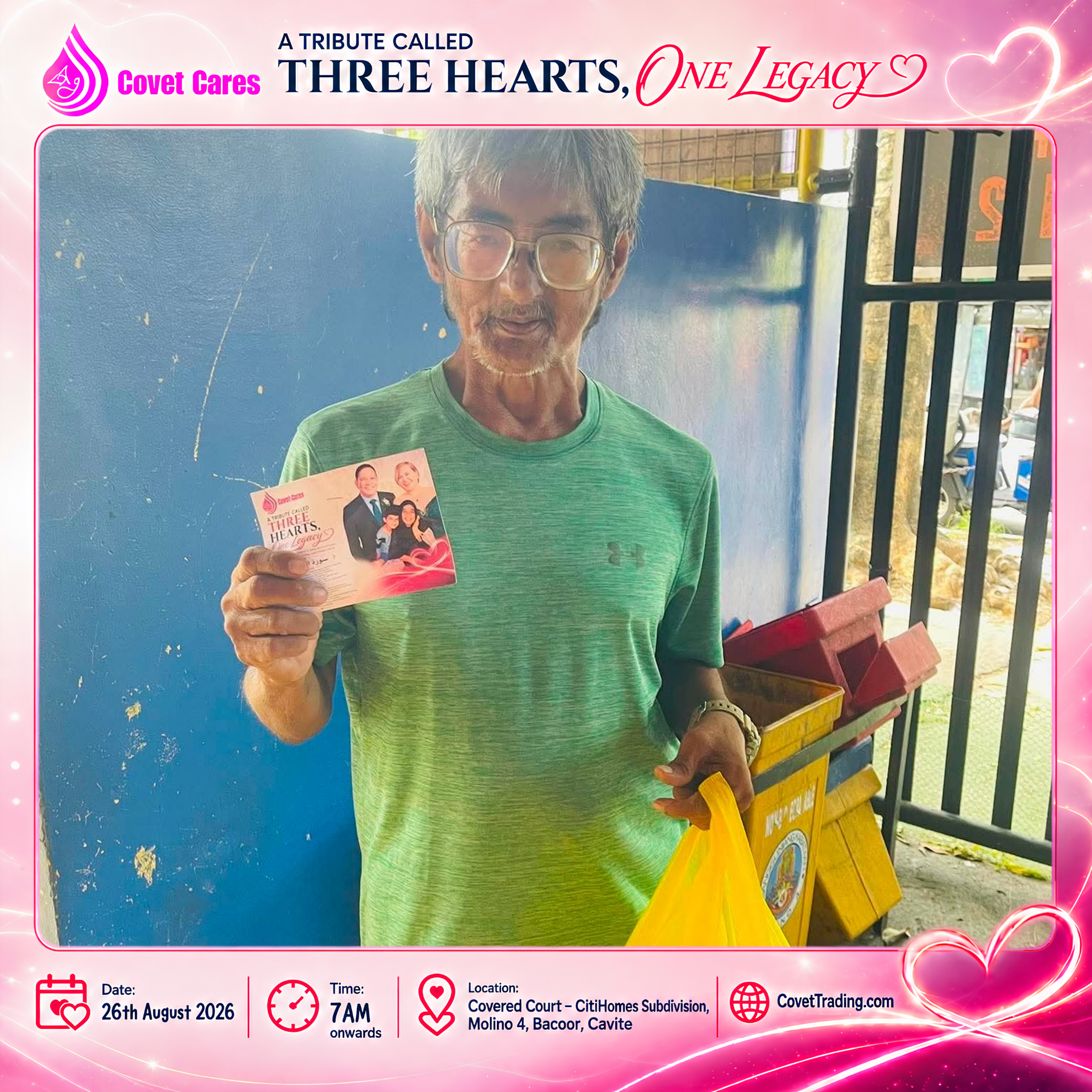 A community member holds a THREE HEARTS, ONE LEGACY card and a yellow support pack.