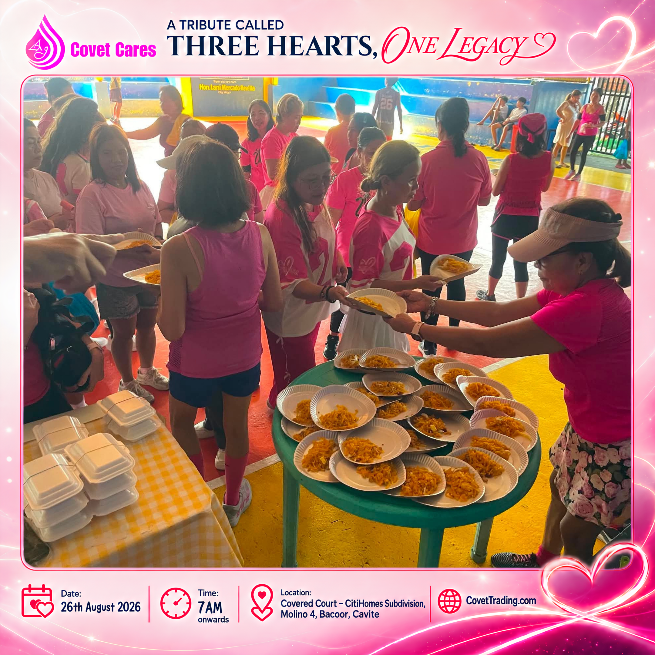 Attendees receive plates of food during the THREE HEARTS, ONE LEGACY event.