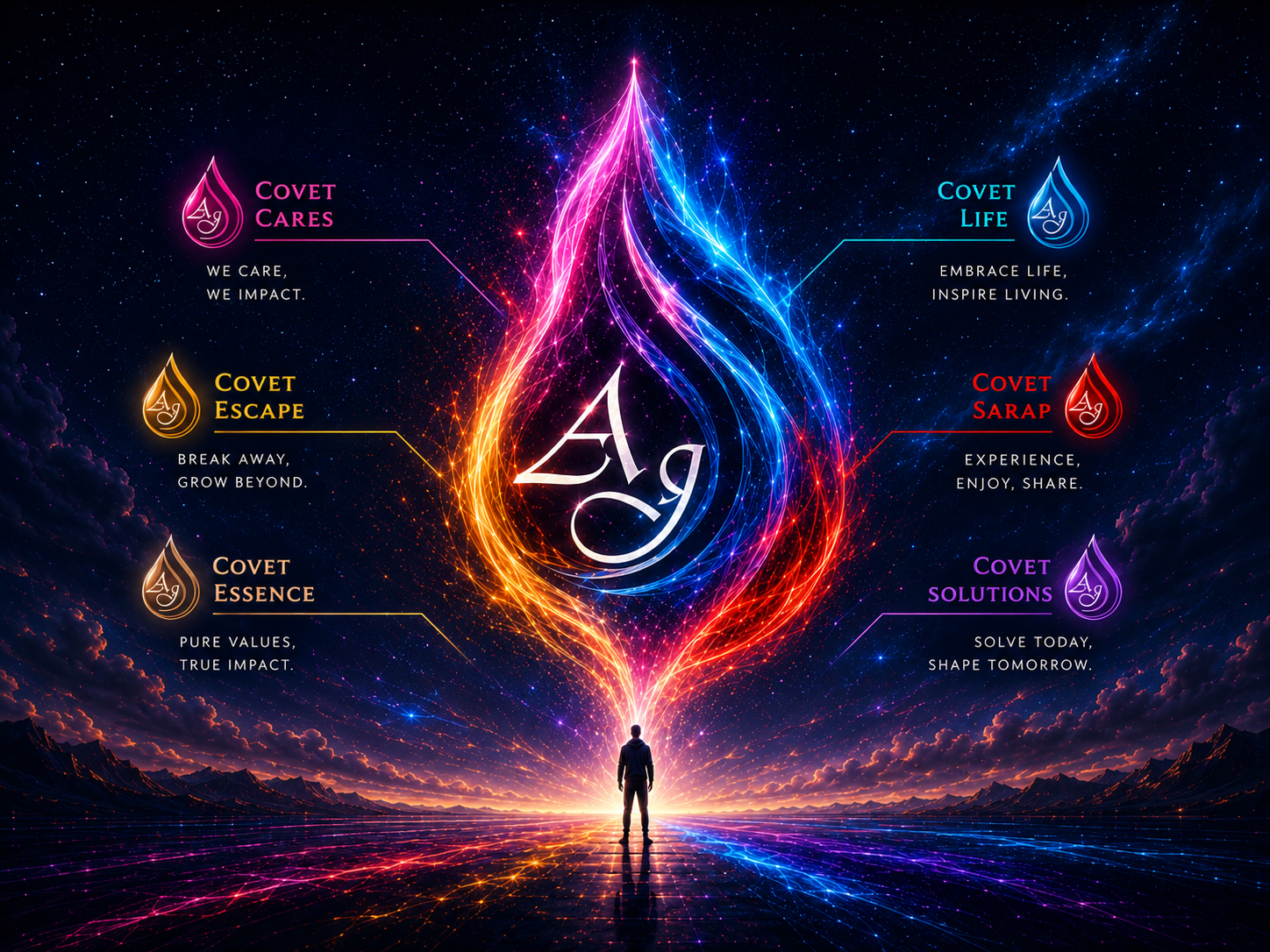 The six Covet brands arranged around the central Covet identity in a connected multi-brand ecosystem.
